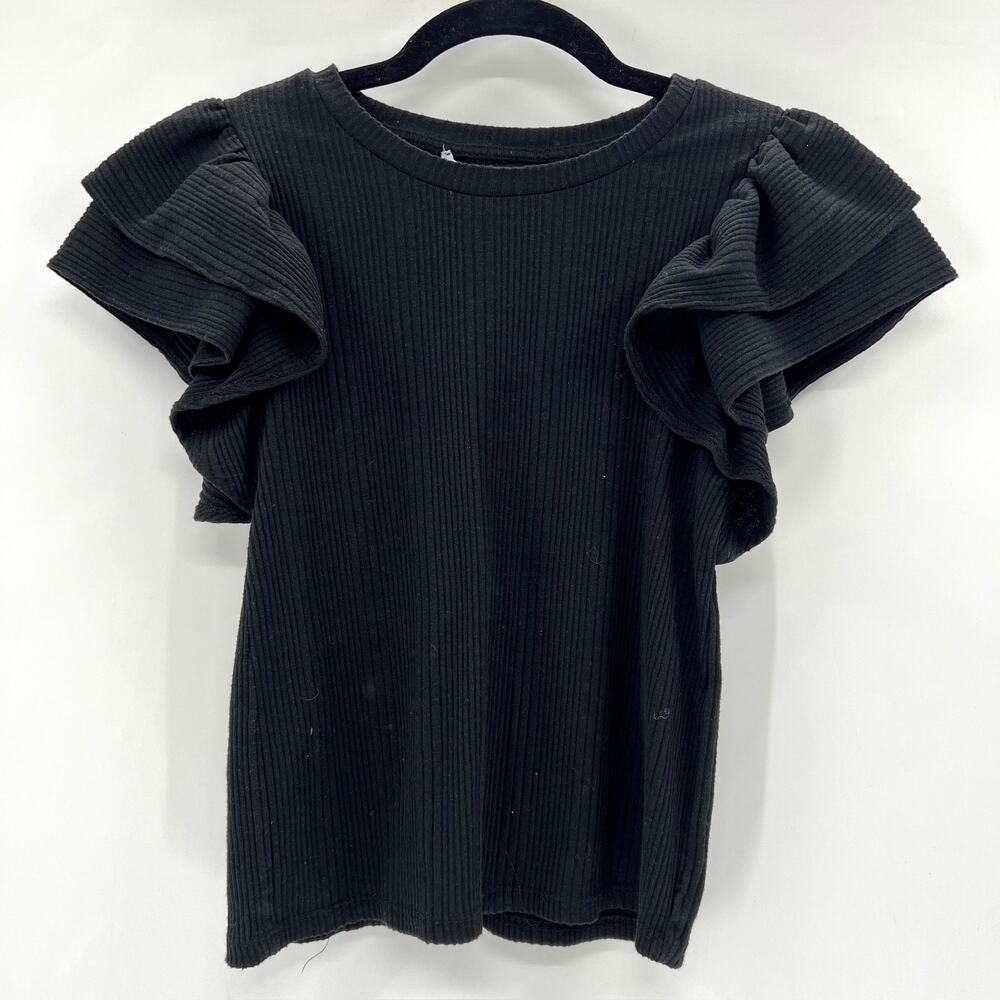 Zara Black Ruffle Sleeve Ribbed Top Medium - Picture 2 of 4